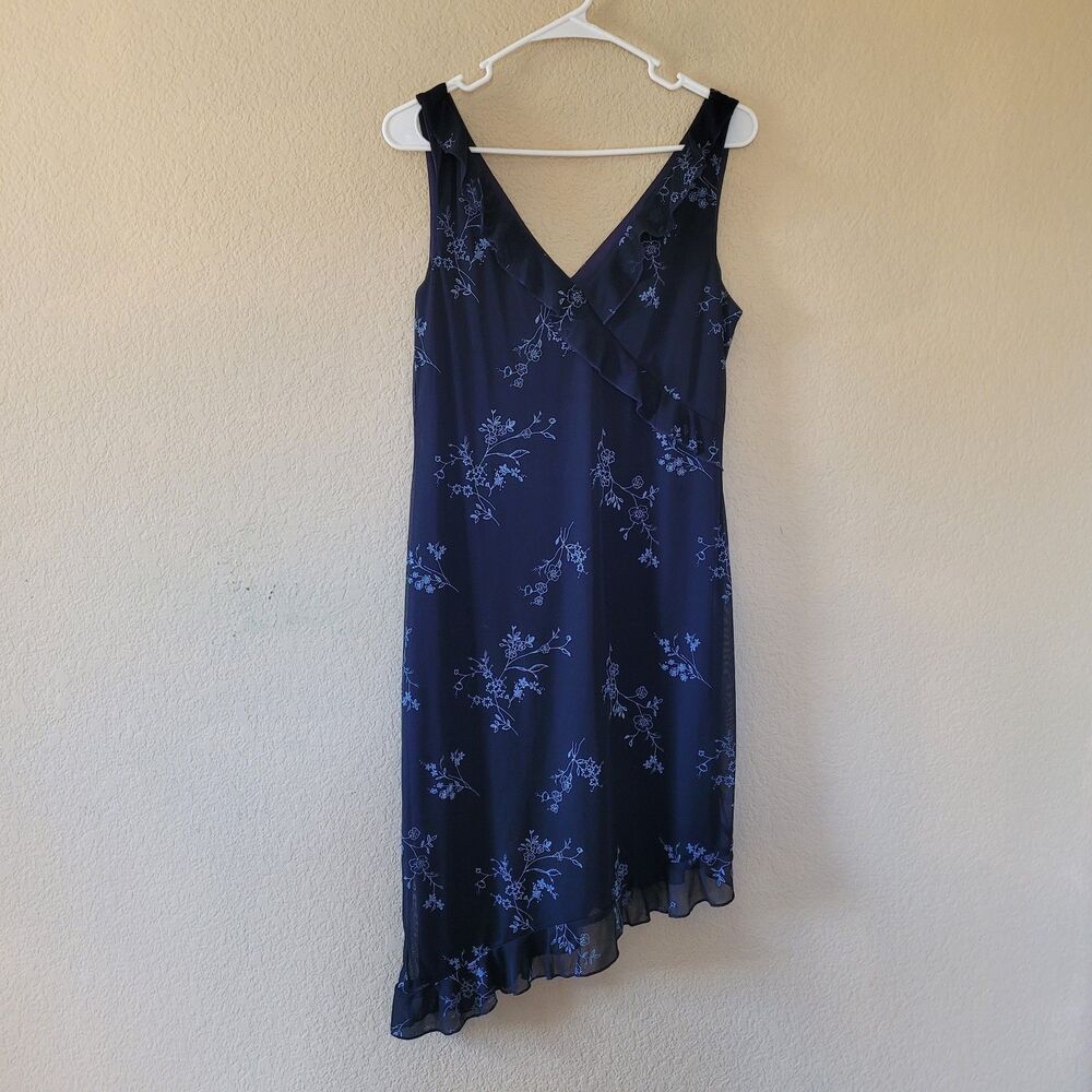 Vtg 90s Y2k Whimsigoth Fairy Asymmetrical Dress L Navy Blue Floral Ruffle Sheer